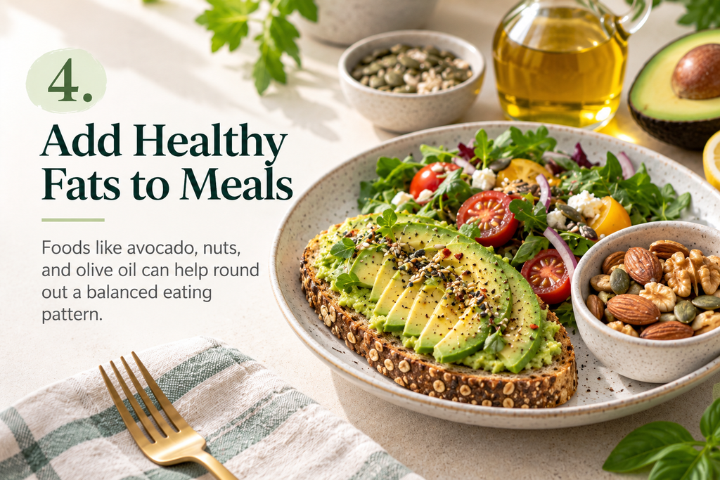 Avocado toast with mixed nuts, seeds, salad and olive oil as examples of foods containing unsaturated fats.