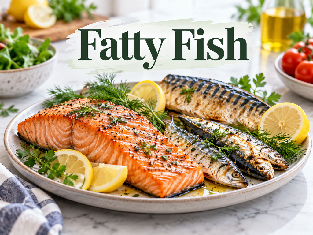 Fatty fish served on a plate with lemon and fresh herbs as a healthy skin-supporting food.