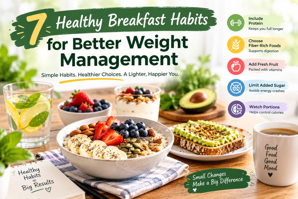 Healthy breakfast habits infographic with oatmeal, berries, avocado toast, yogurt, lemon water, and portion tips for weight management.