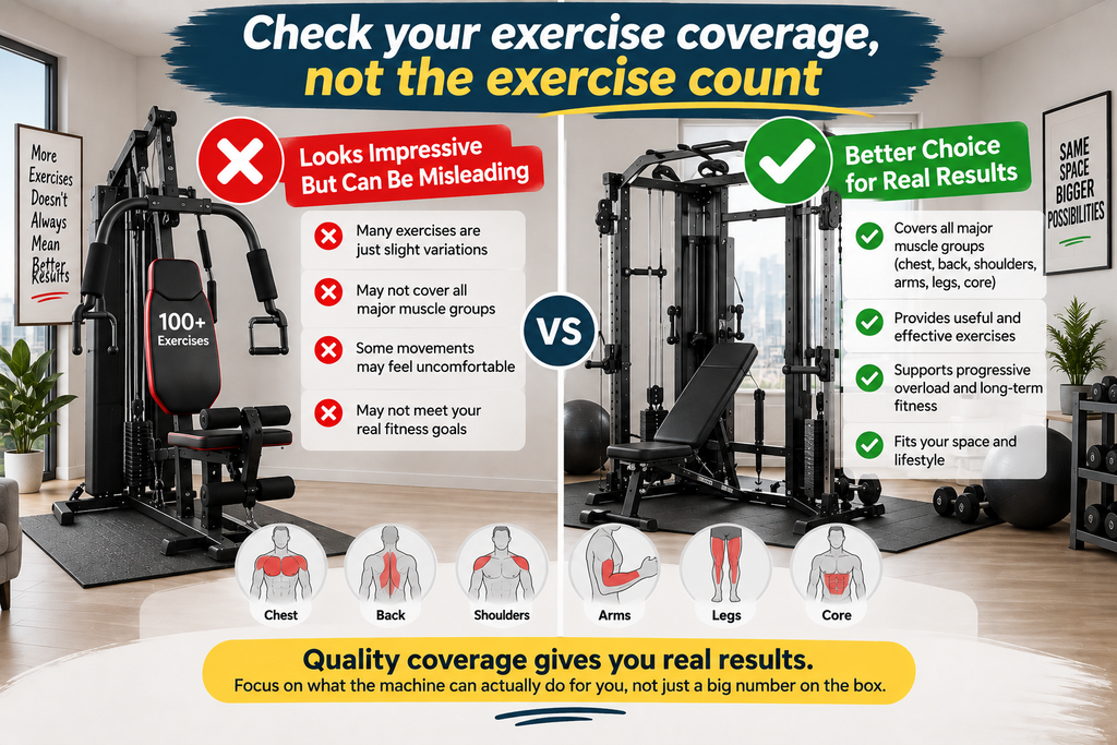 Infographic comparing workout machines by exercise coverage rather than exercise count, showing how different equipment can target the chest, back, shoulders, arms, legs, and core.