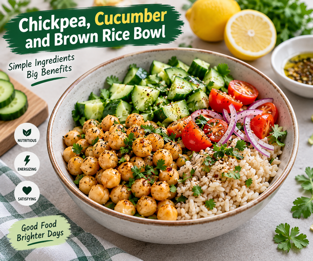 Chickpea, cucumber and brown rice bowl with tomatoes, red onion, fresh herbs, and lemon dressing.