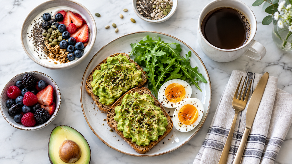 Healthy breakfast habits with avocado toast, boiled eggs, berries, yogurt, and coffee