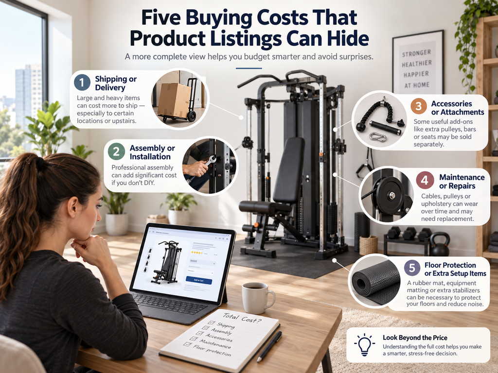 Infographic showing five hidden costs of home gym equipment, including delivery, installation, accessories, maintenance, and floor protection.
