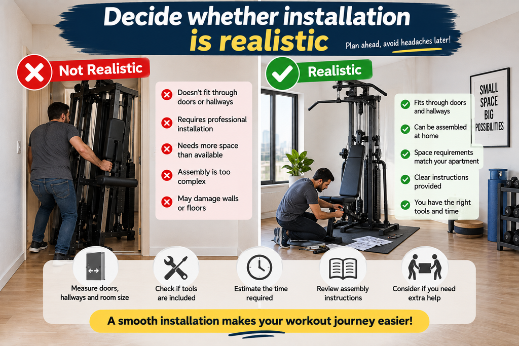 Infographic showing how to assess whether an apartment workout machine can be installed safely, including door and hallway clearance, available space, assembly requirements, tools, time, and the need for extra help.
