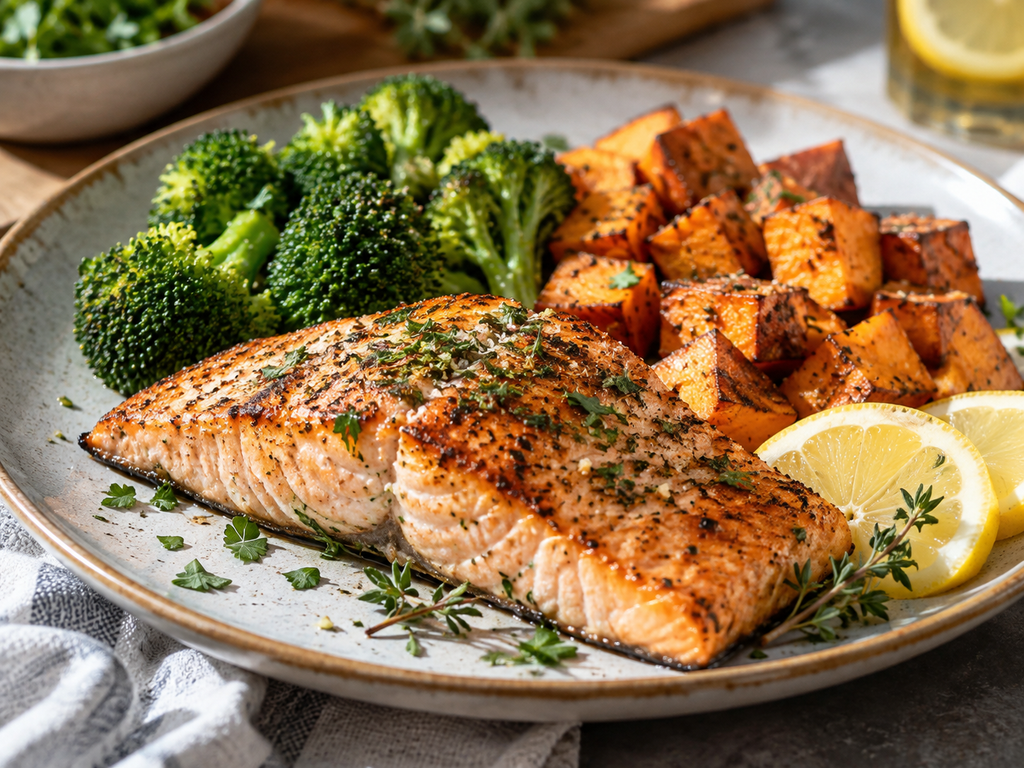 Healthy eating habits with salmon, broccoli, and sweet potatoes