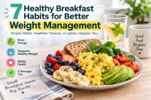 Healthy breakfast habits for better weight management with oatmeal, fruit, eggs, and avocado