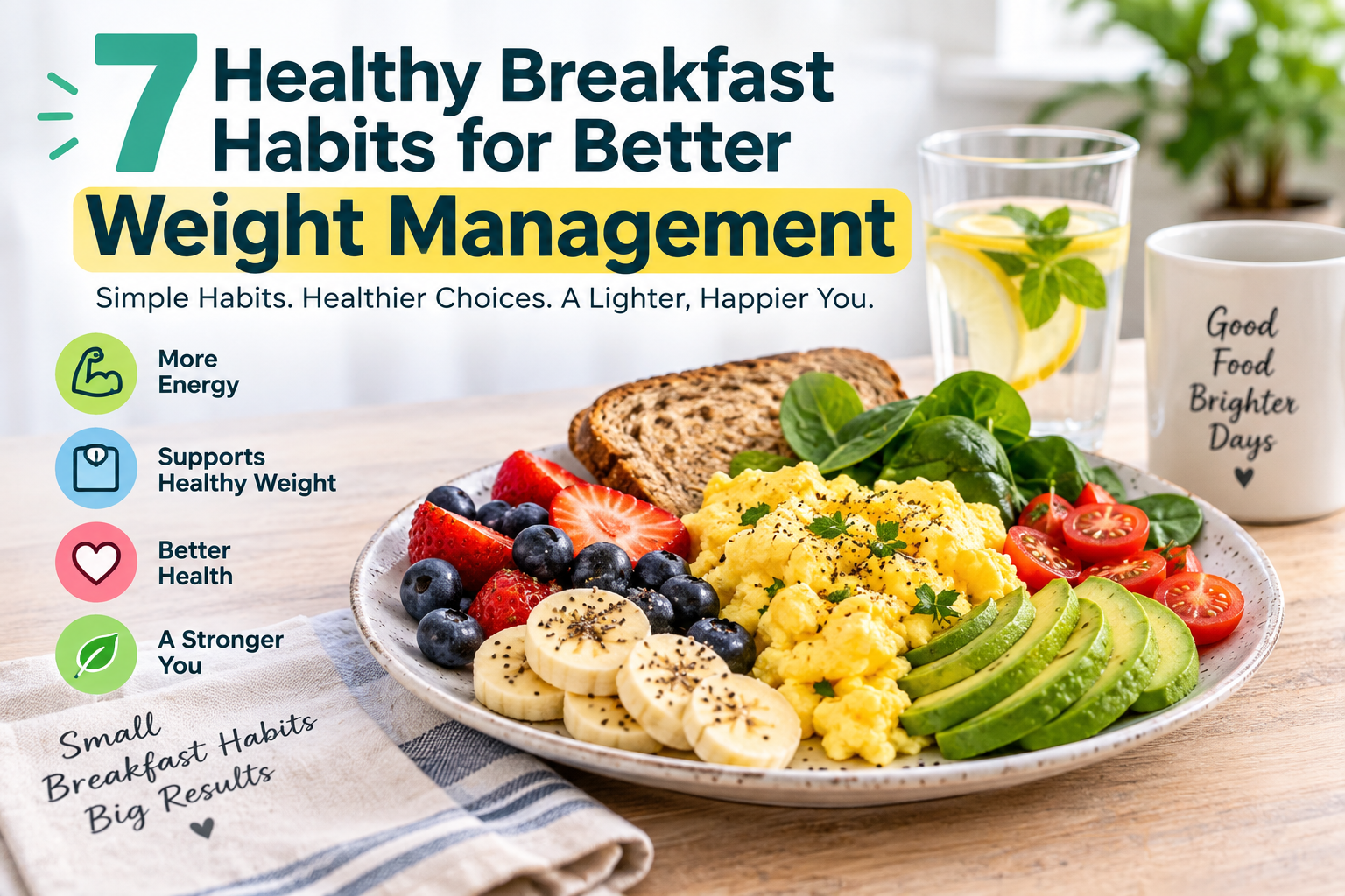 Healthy breakfast habits for better weight management with oatmeal, fruit, eggs, and avocado