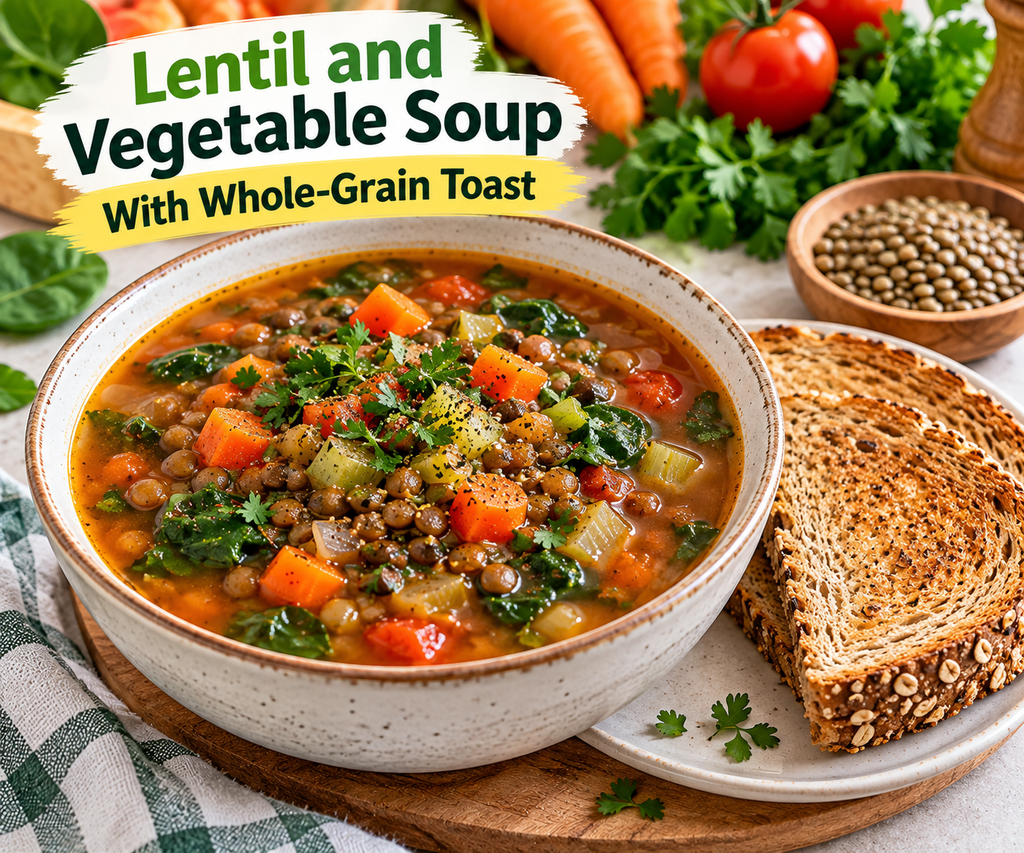 Lentil and vegetable soup with carrots, tomatoes, spinach, celery, herbs, and whole-grain toast.