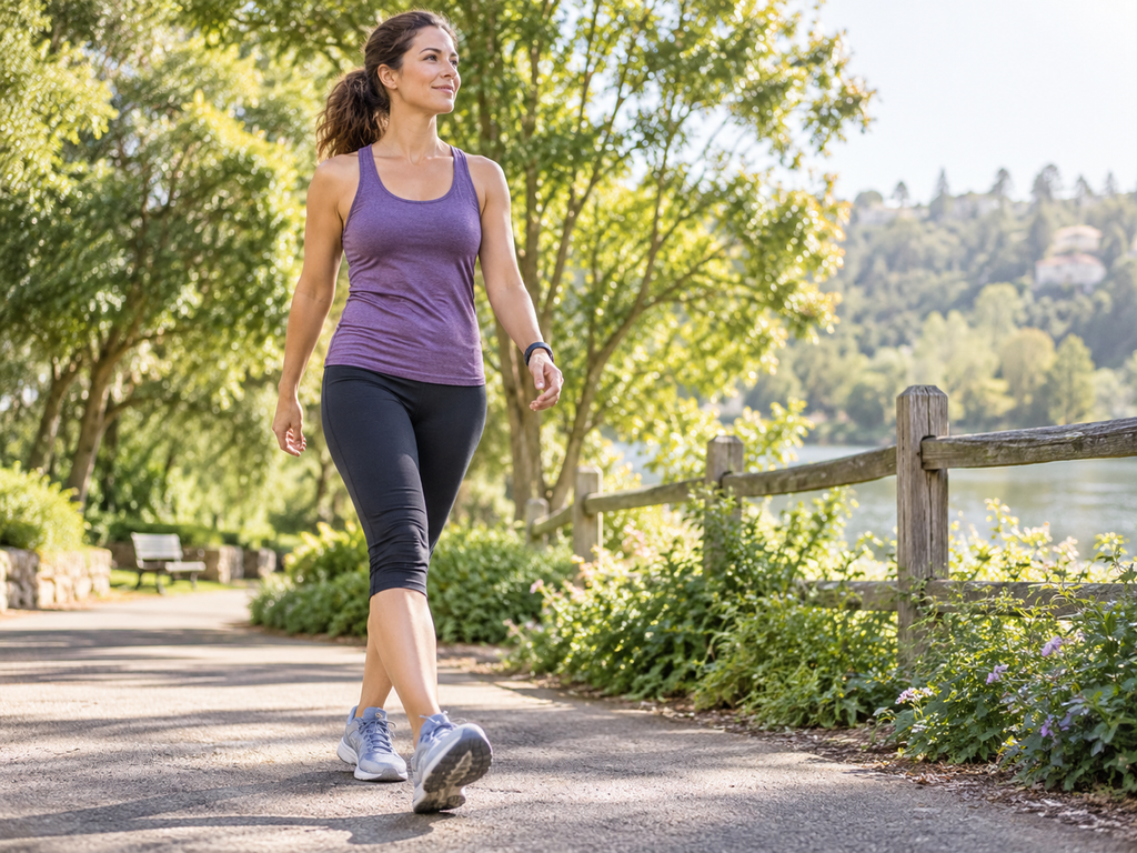 Woman wearing comfortable walking shoes during a daily walking routine for healthy weight management