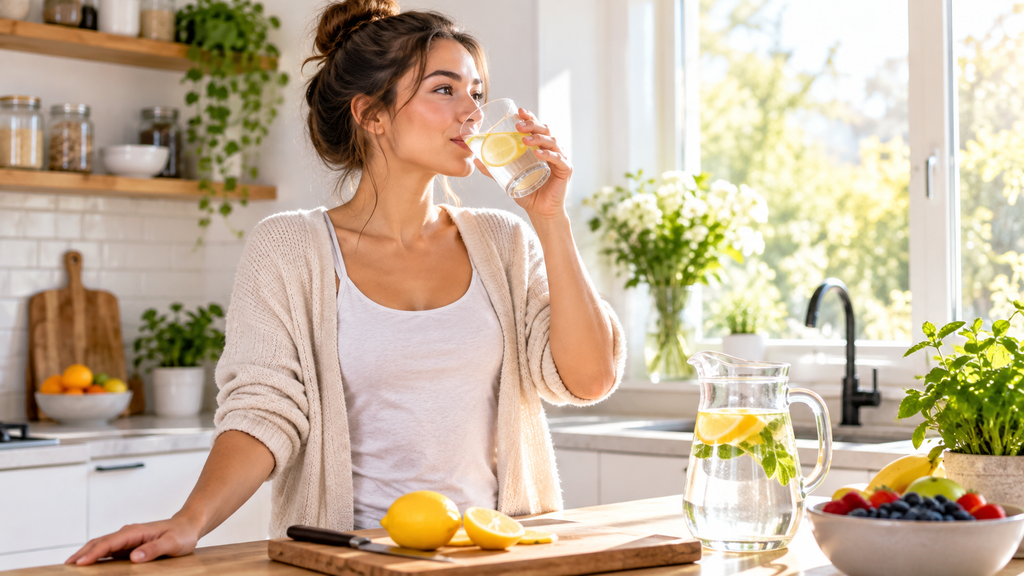 Woman drinking water as part of simple morning habits for more energy