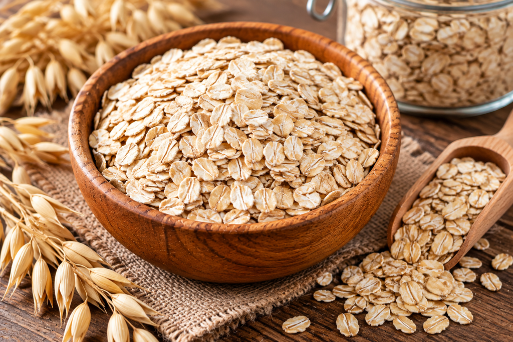 Rolled oats in a wooden bowl with oat flakes and oat stalks on a rustic table