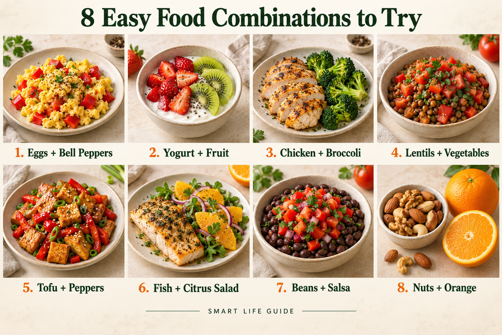 Eight food combinations pairing protein sources with vitamin C-rich fruits and vegetables.