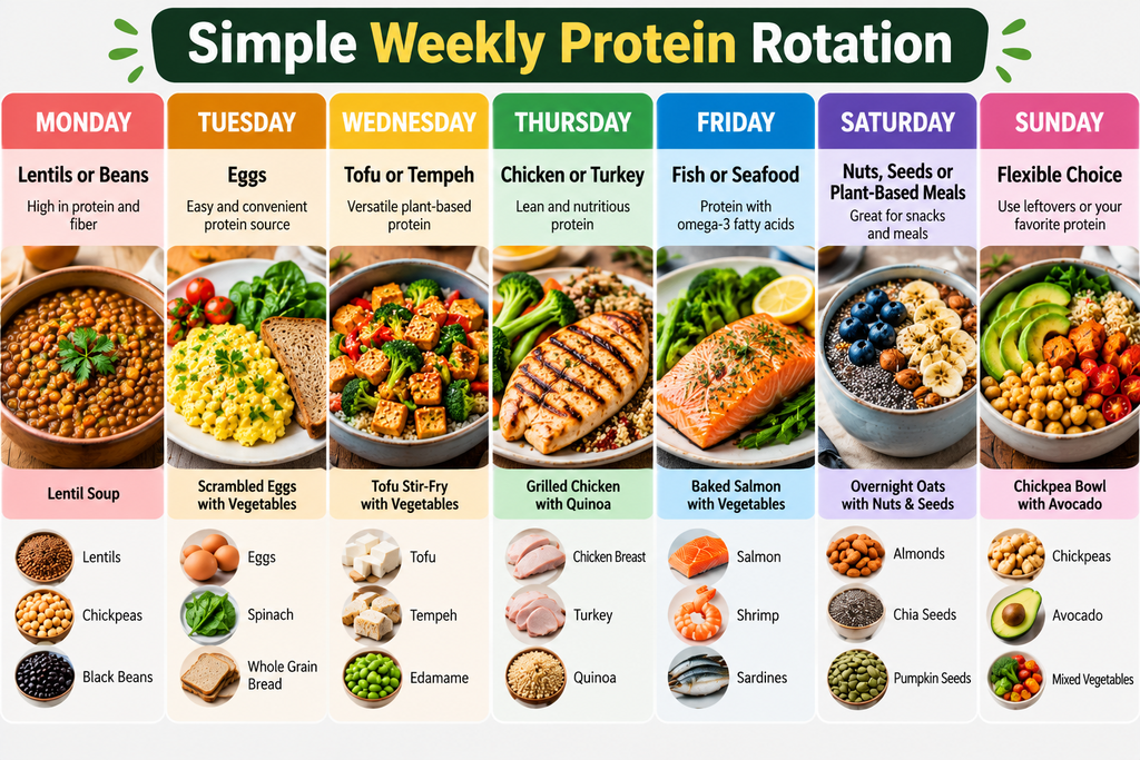 Simple weekly protein rotation with different protein sources for each day