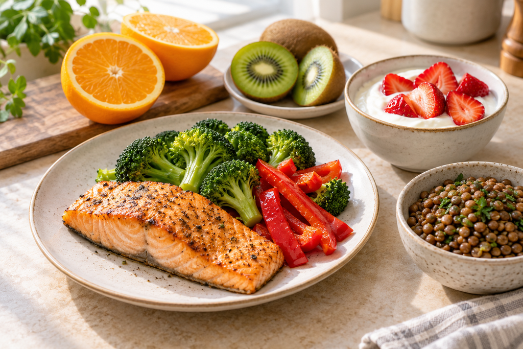 Salmon, lentils, yogurt, and vitamin C-rich fruits and vegetables