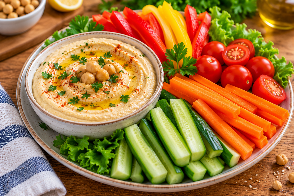 Hummus with fresh carrots, cucumber, bell peppers, tomatoes, and lettuce
