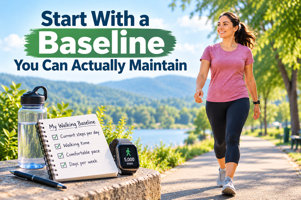 Woman starting a daily walking routine with a realistic baseline, step tracker, and walking plan for healthy weight management