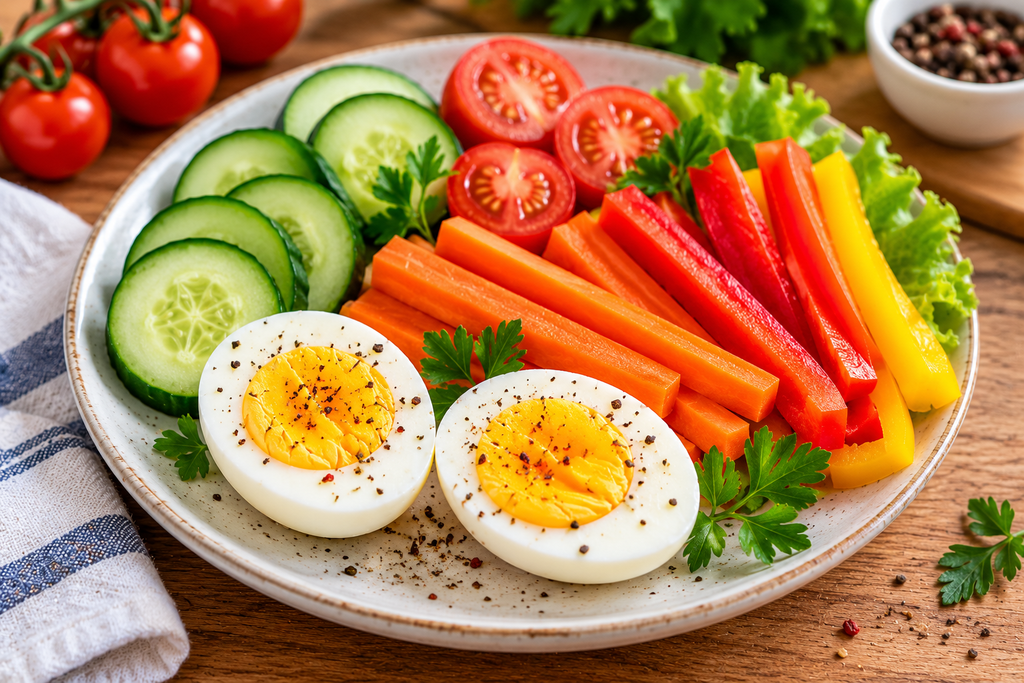 Boiled eggs served with fresh cucumber, tomatoes, carrots, and bell peppers