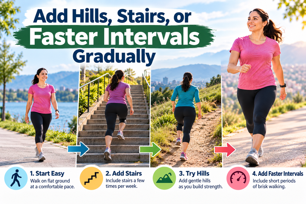 Woman gradually adding hills, stairs, and faster walking intervals to build fitness and support healthy weight management