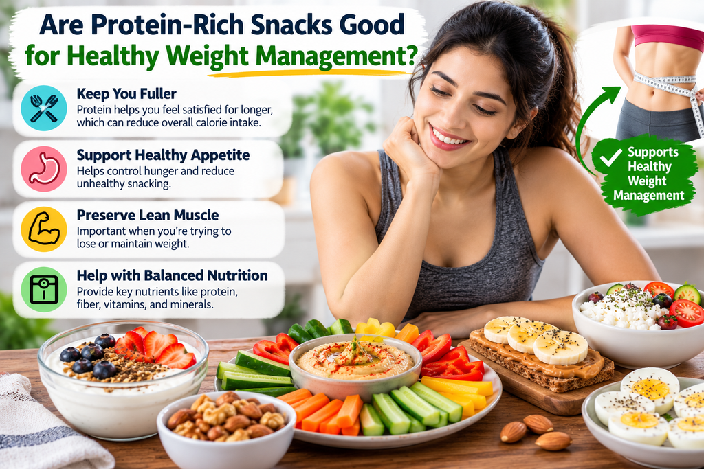 Protein-rich snacks for healthy weight management with yogurt, hummus, eggs, nuts, vegetables, and fruit