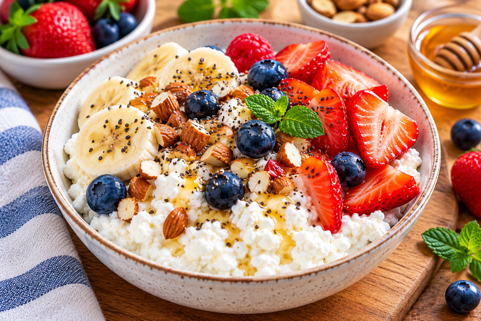 Cottage cheese topped with fresh strawberries, blueberries, banana, almonds, and chia seeds
