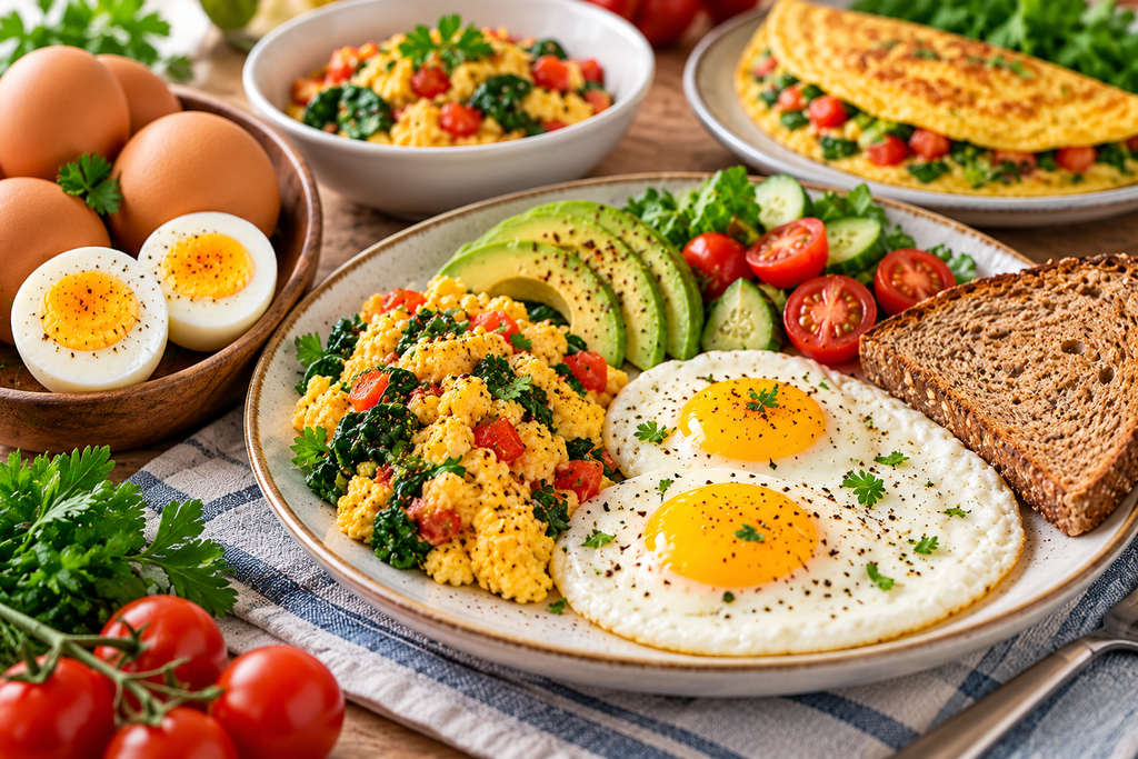 Eggs for Quick and Nutritious Meals with boiled eggs, scrambled eggs, omelet, fresh vegetables, and whole-grain toast.