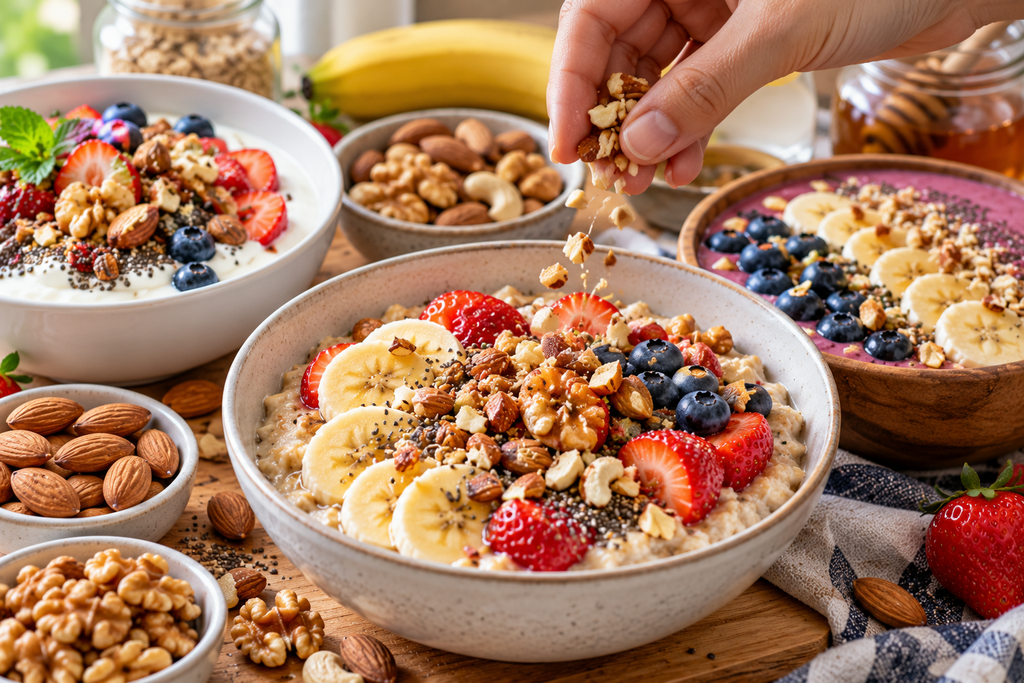 Oatmeal topped with almonds, walnuts, berries, banana, and seeds for a healthy breakfast