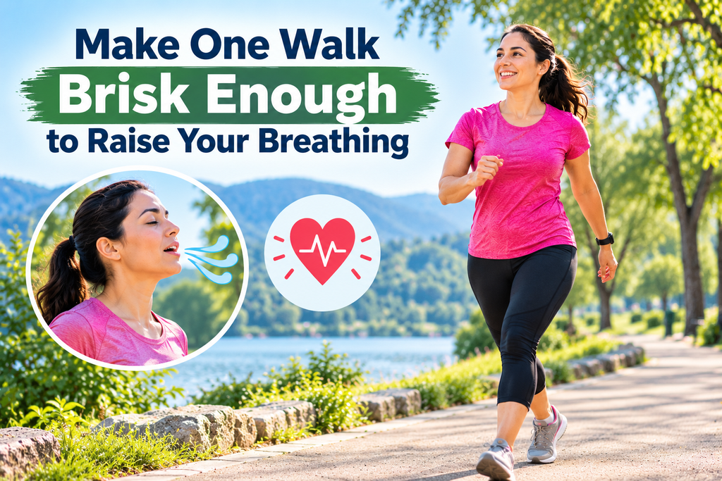 Woman brisk walking outdoors to increase breathing rate and support cardiovascular fitness
