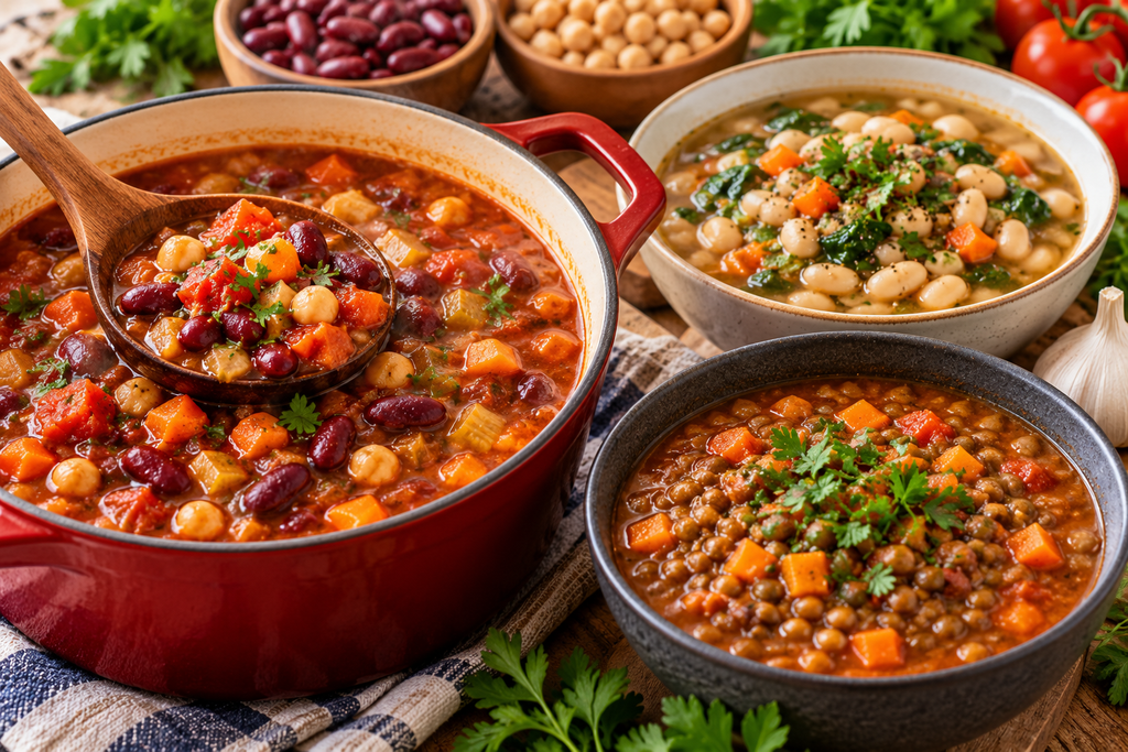 Beans added to hearty soups and stews with vegetables and lentils