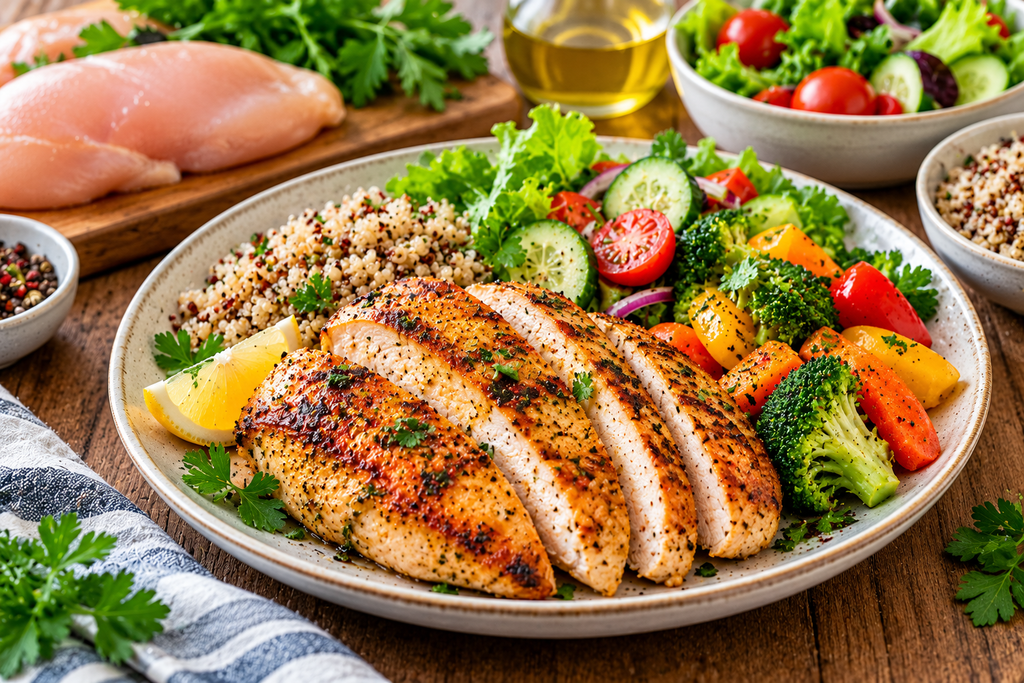 Lean protein-rich chicken breast served with fresh vegetables, quinoa, and lemon.