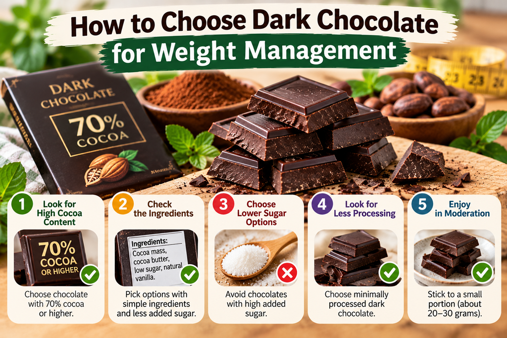 How to choose dark chocolate for weight management by checking cocoa content, sugar, ingredients, and portion size