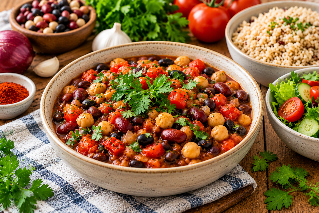 Protein-rich beans cooked with tomatoes, chickpeas, fresh herbs, and vegetables for filling everyday lunches and dinners.