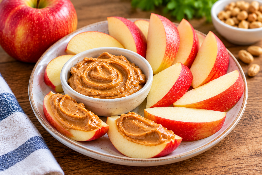 Apple slices served with peanut butter as a protein-rich snack`
