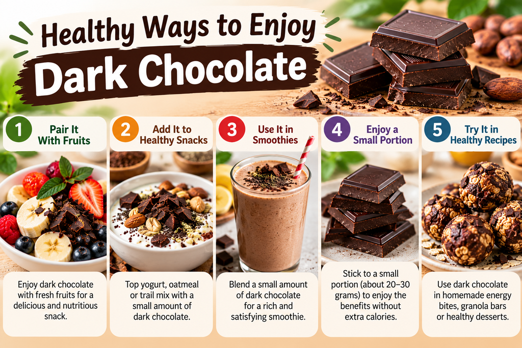 Healthy ways to enjoy dark chocolate with fruits, yogurt, smoothies, small portions, and homemade healthy snacks