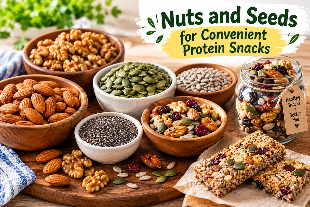 Protein-rich nuts and seeds including almonds, walnuts, pumpkin seeds, chia seeds, and sunflower seeds for healthy everyday snacks.