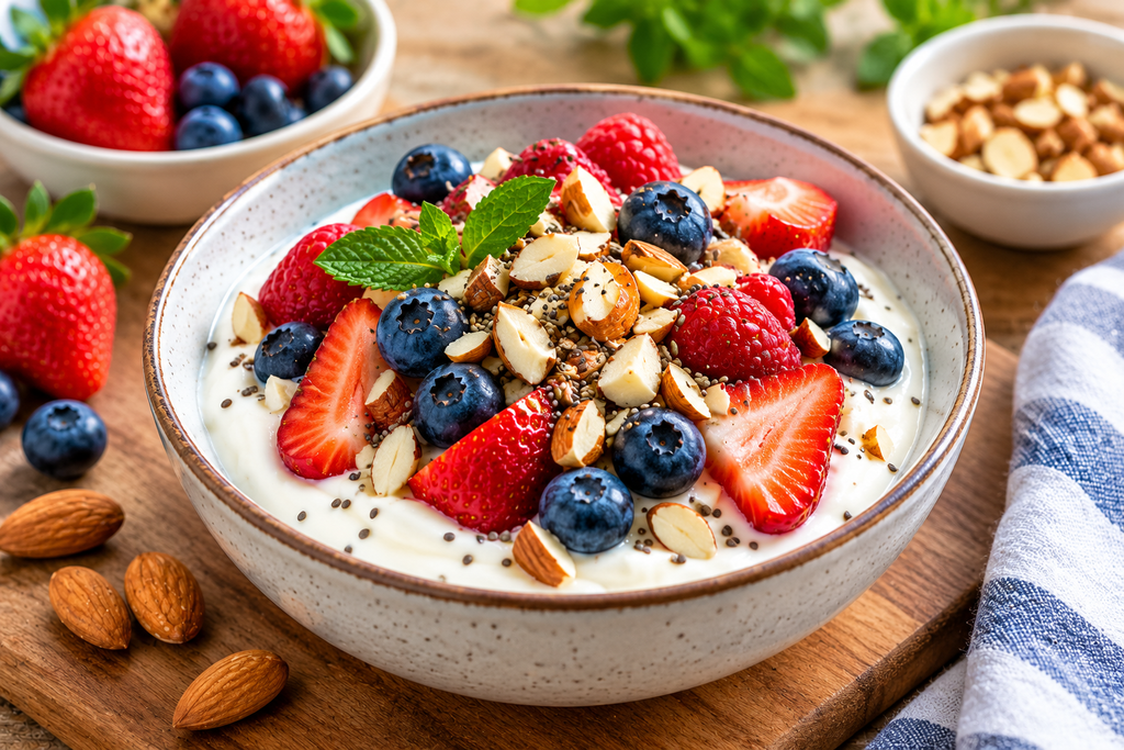 Greek yogurt topped with strawberries, blueberries, raspberries, almonds, and chia seeds